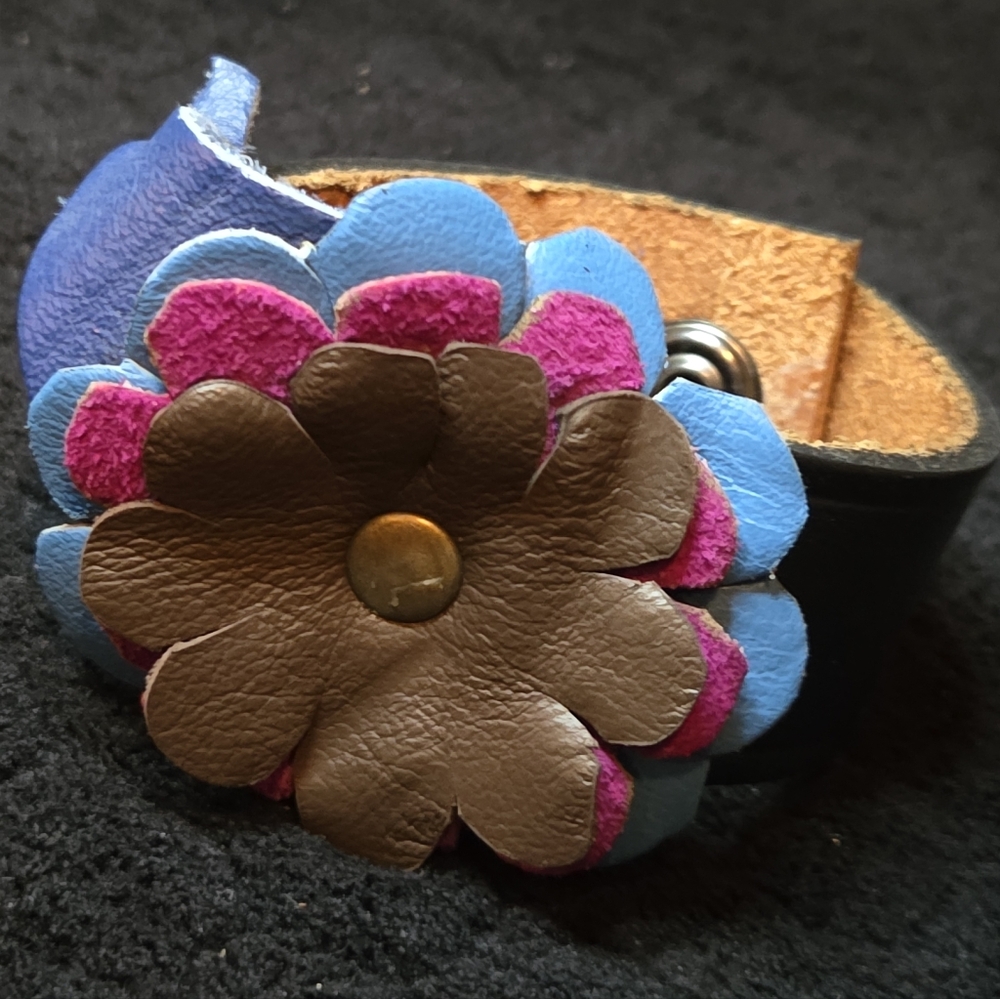 Floral Leather Cuff Bracelet - Blue, Pink, Brown